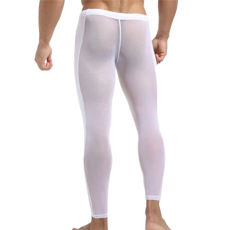 Pantalones largos de malla para hombre, ropa interior Sexy transparente, lencería transpirable, Leggings para dormir en casa, pantalones de pijama