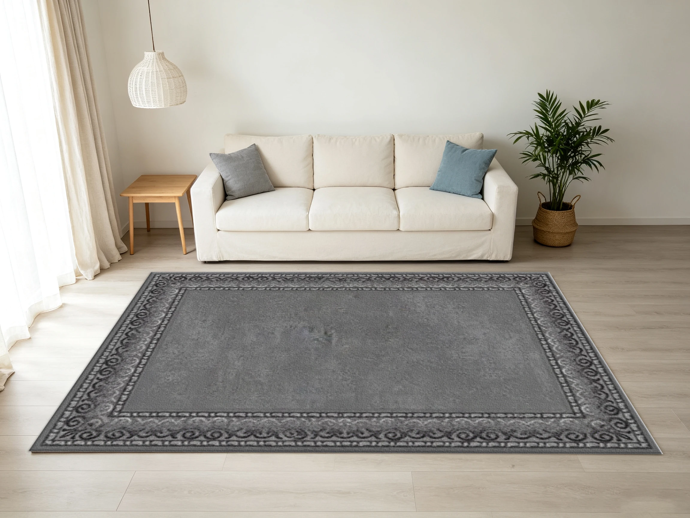 Simple Grey Vintage Border Square Carpet Flooring Subtle Scroll Frame Solid Center Rug for Indoor Home Decor