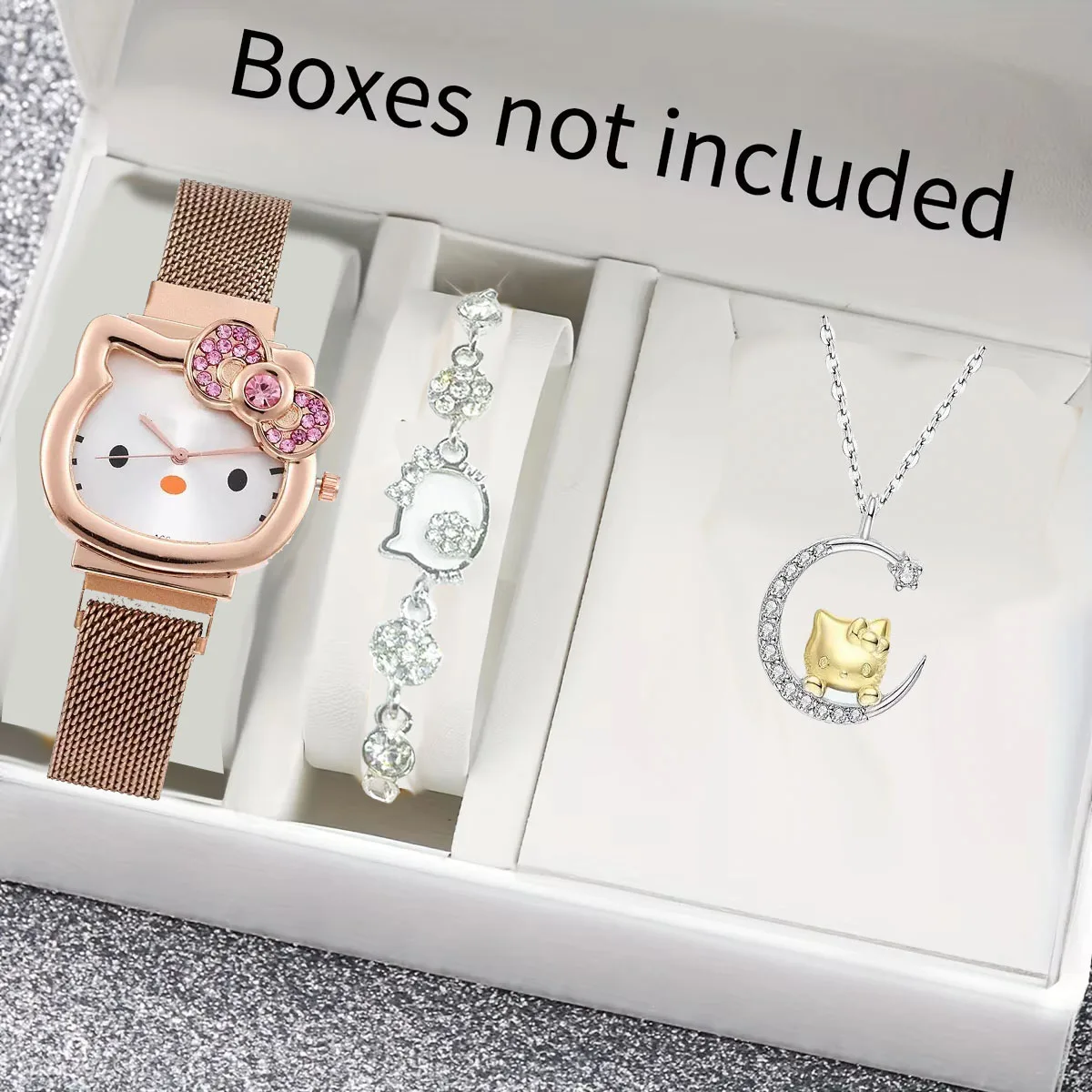 3 unids/set Kawaii Hello Kitty relojes de mujer con lazo de diamante de Metal reloj de mujer regalos de cumpleaños para estudiantes con collar y pulsera