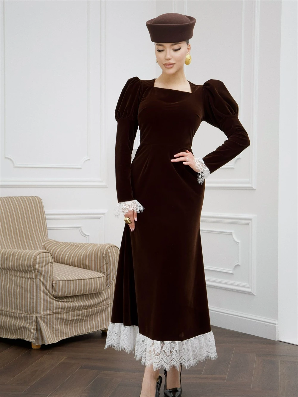 

Простые велюровые вечерние платья русалки по индивидуальному заказу. Изысканный квадратный воротник с длинными рукавами. Платья для выпускного вечера. Мягкое платье для выпускного вечера.