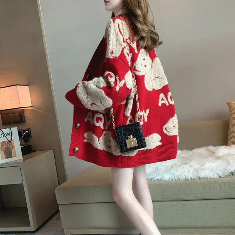 

Trendy Bear Knitted Sweater Coat Women's Spring Autumn Loose Lazy Sle Faionable Open Cardigan V-ne Long Sve Straight...