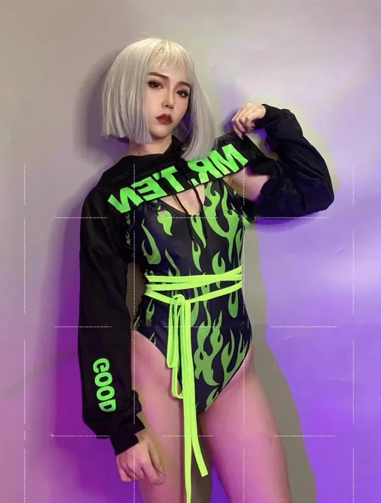 Bar Gogo Nightclub Girl Group Sports Hoodie+Green Flame Bodysuit Outfits Party Theme Singer Dance Stage Club Nightclub Rave Wear