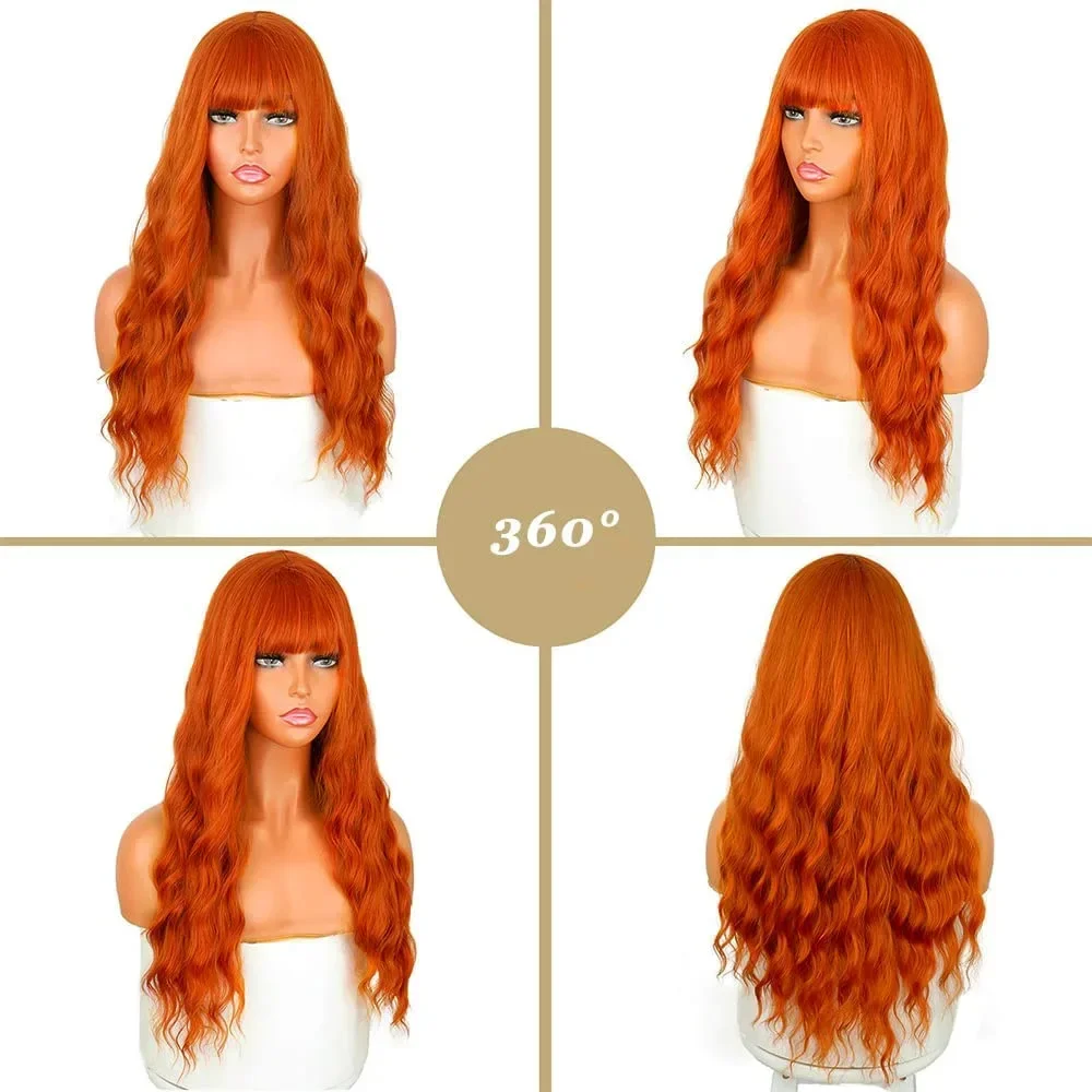 Curly Orange Synthetic Hair No Lace Wigs Full Bangs Long Loose Wave Fashion Party Wig for Party Cosplay Daily Use Natural