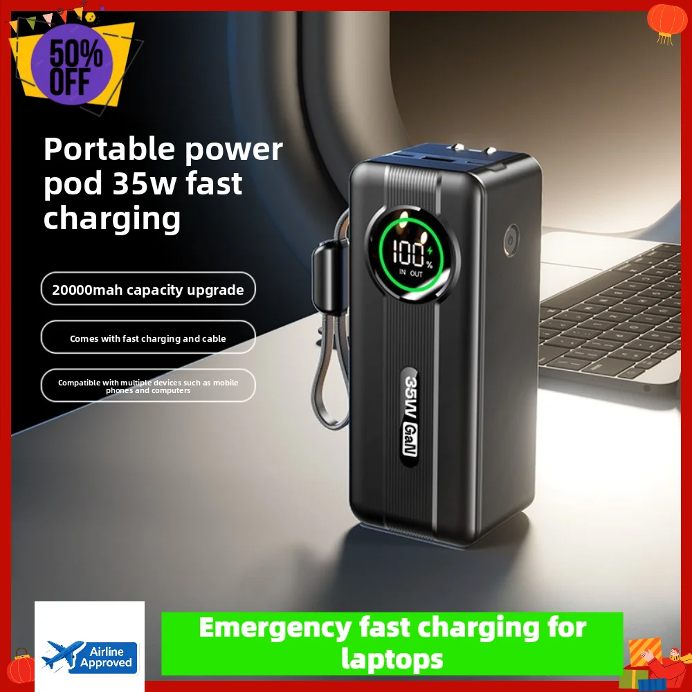 35W Fast Charge 20000mAh Power Bank, Foldable AC Plug Built-in Cables & Digital Display Laptop Charger For iPhone Huawei Samsung