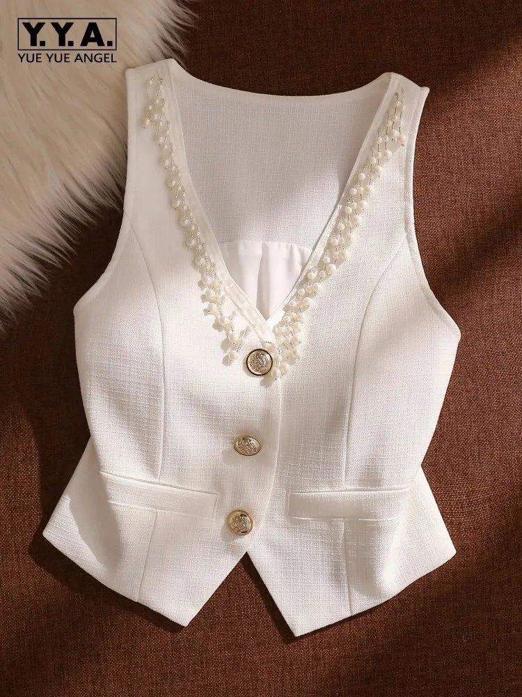 

Summer Women Tank Tops Fashion Slim Fit Sleeveless Short Jacket V Neck Beaded Tassel Single Breasted Office Ladies Elegant Vest