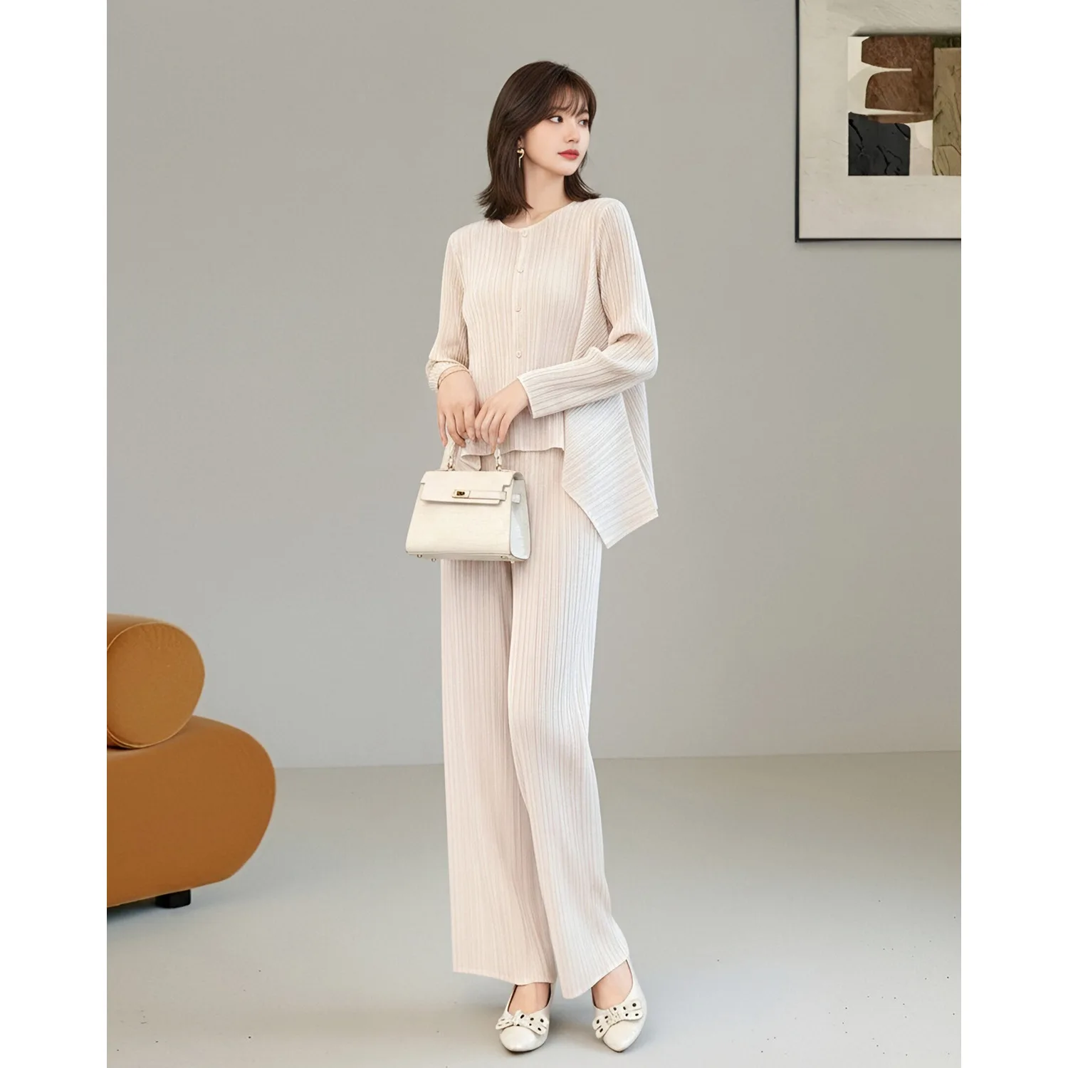 Miyake Pleated 2‑Piece Outfit Women Round Neck Irregular Hem Button Cardigan Wide Leg Pants Long‑Sleeve Elegant Casual Suit Set view 4