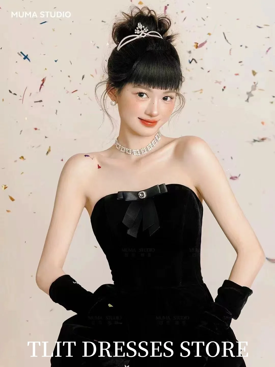 فساتين سهرة جميلة بفيونكة من الساتان الأسود من TLIT بدون حمالات قفازات سوداء فساتين حفلات زفاف كورية لالتقاط الصور حسب الطلب