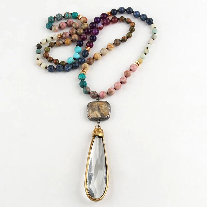 

Fashion Bohemian Jewelry Accessory 8mm Multi Stone Beads Knotted Long Glass Dorp Charm Pendant Necklaces for Women Festival Gift