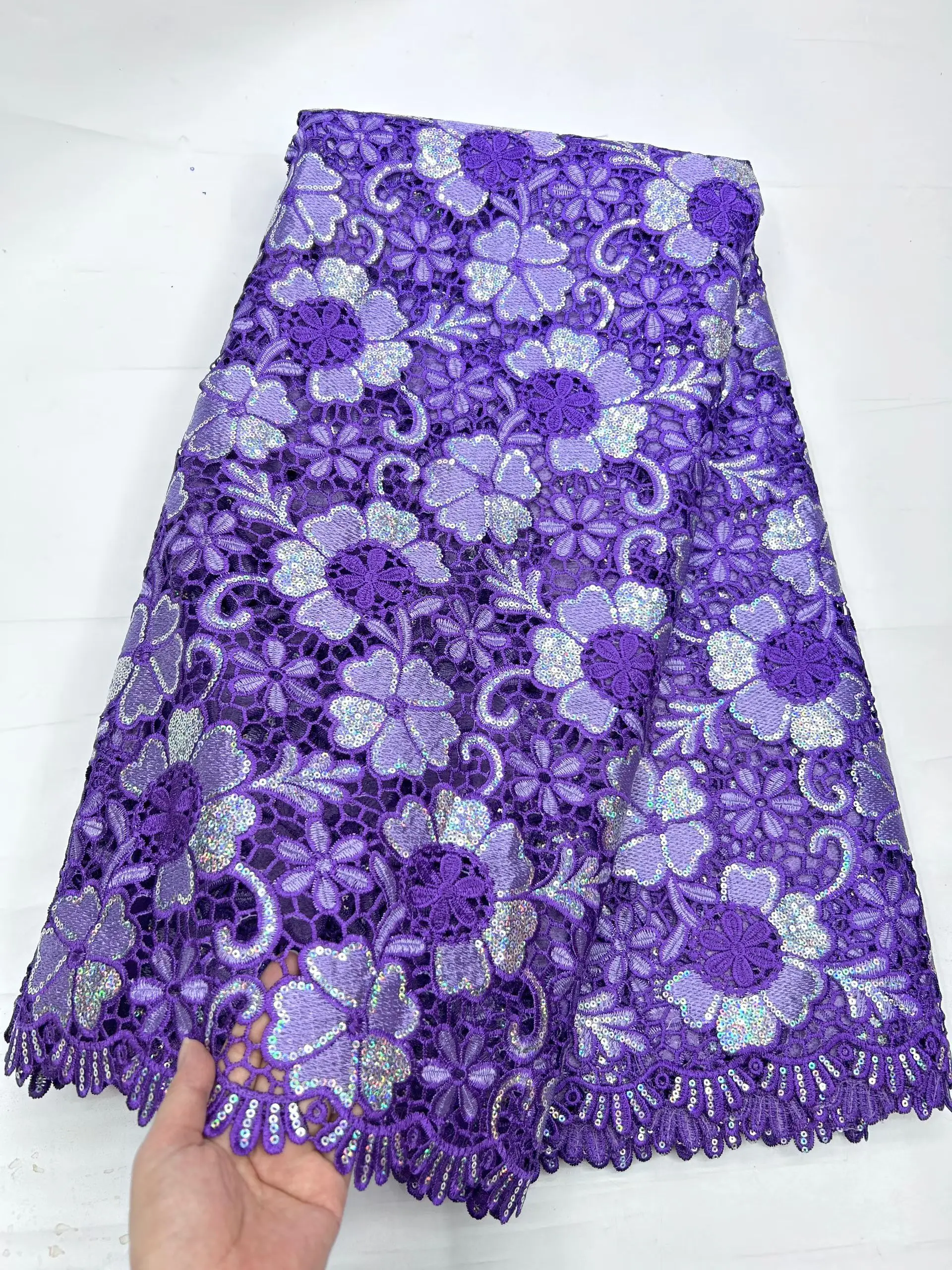 

Latest Sequins Purple Guipure Cord African Lace Fabric 2025 French Water Soluble Lace Fabric For Nigerian Party Dress KHD25185