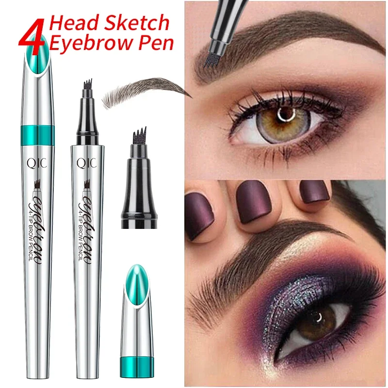QIC Ultrafeiner flüssiger Augenbrauen-Tattoo-Stift mit vier Backen, dunkelbraun, wasserfest, schweißfest, Augenbrauenstift, Make-up-Kosmetik