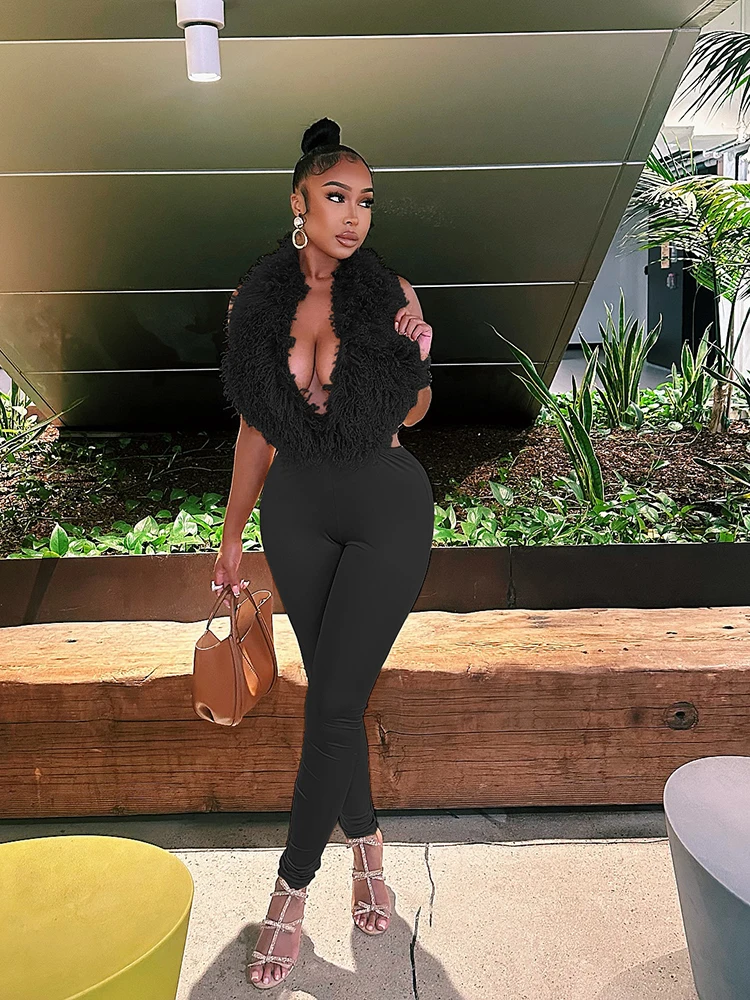 Sisterlinda Herbst Neue Stil 2-teiliges Set Frauen Flusen Warme Halter Low-Neck Backless Tank Tops + Solide Lange Hosen sexy Mode Anzüge