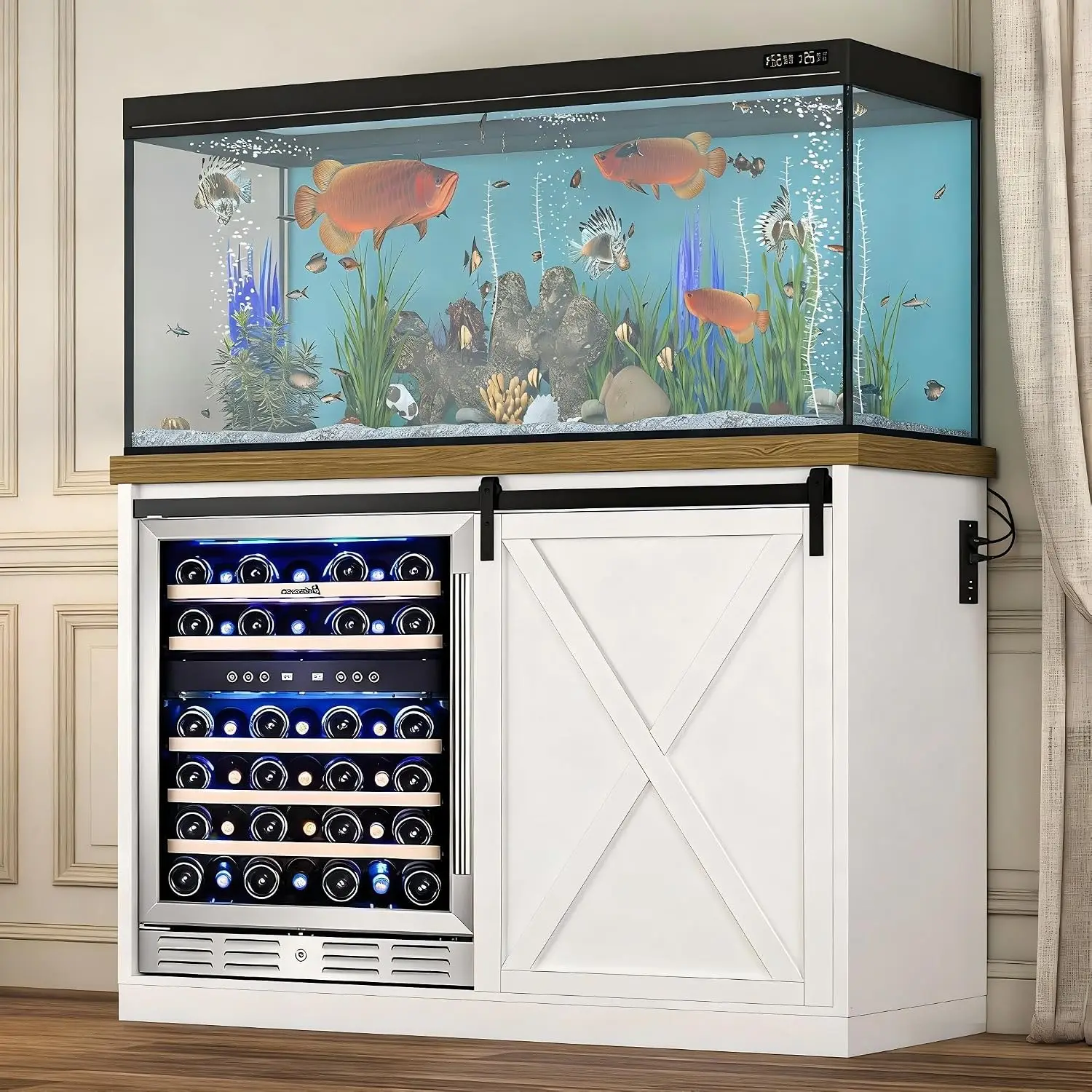 49’’ Fridge Cabinet Stand with Power Outlets, Farmhouse Buffet Sideboard Cabinet with Storage, Sliding Barn Door, Wine Glasses R