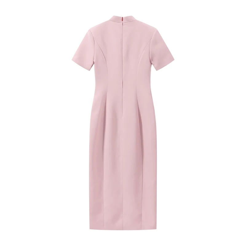 2026 Sommer Stehkragen Einfarbiges Damen-Midikleid Elegantes Einreihiges Kurzarm-Slim-Kleid Modisches Neues Damen-Langes Kleid – Detail 4