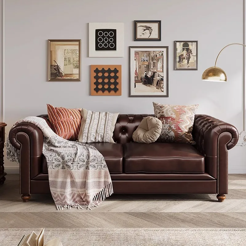 

Comfortable Lazy Sofas Retro Living Room Homestay Minimalist Sofas Lounge Floor Genuine Leather Furniture