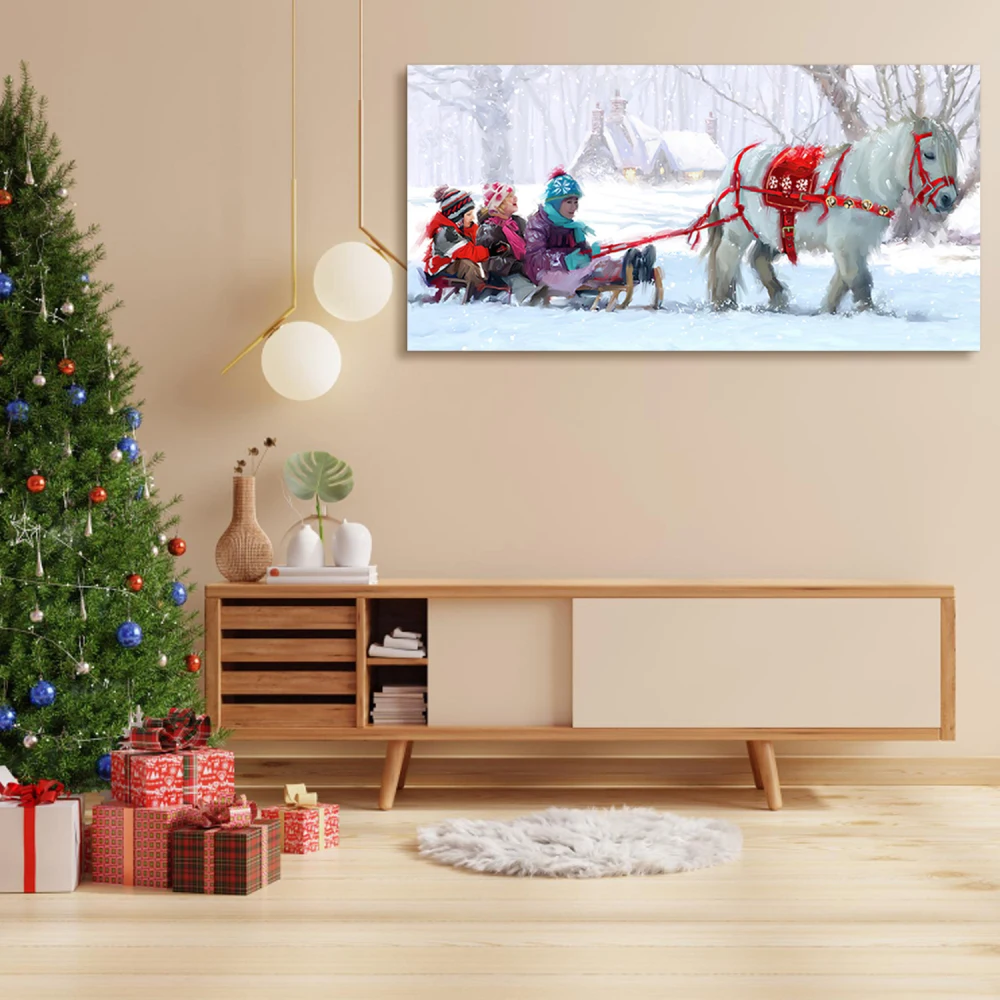 Framed Canvas Wall Art Decor Painting For Chrismas,  Kids on White Horse Sledge Painting For Chrismas Gift