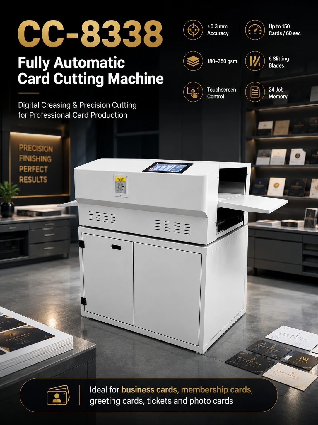 CC-8338 Full Automatic Business Card Cutting Machine for Photo Hang Tag with Automatic Blade Adjustment creasing and perforating
