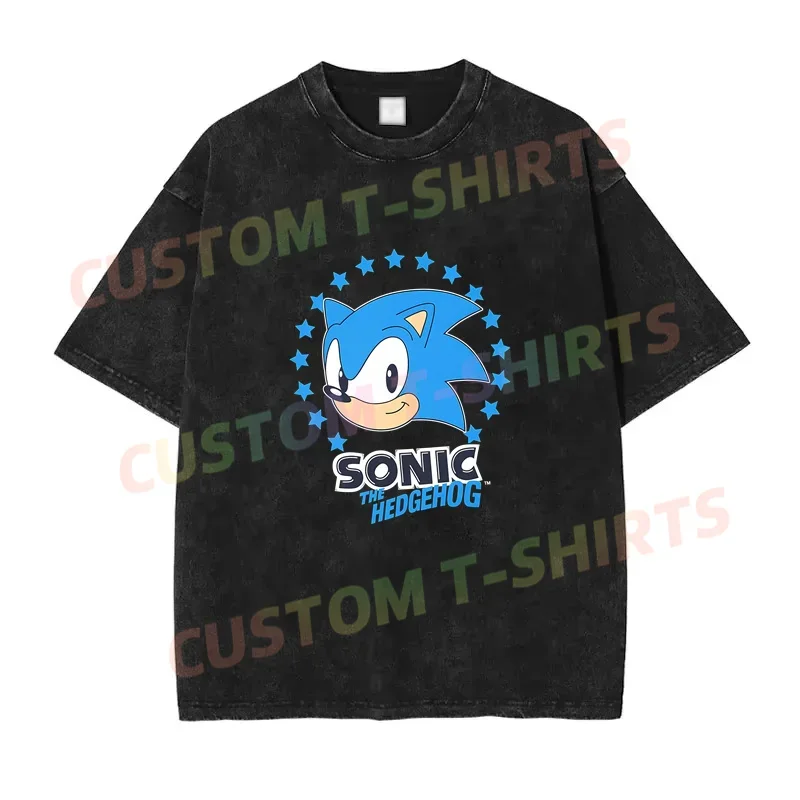 

2024 Summer Vintage Cotton Washed Stars T-Shirt Blue By Sonics The Hedgehog Loose T Shirts Men Y2K Hip Hop Top Tee