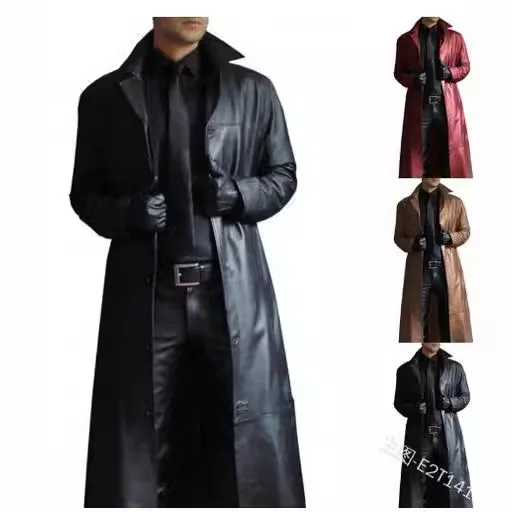 

2025 Men Faux Leather Trench Fashion Long Sleeve Autumn Windbreaker Coat Slim Leather Long Leather Jacket Men's Jacket Outwear