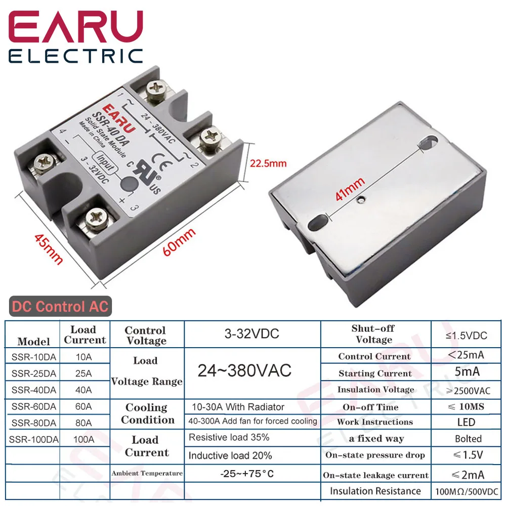 SSR-40A DA SSR-40A DD Solid State Relay Module DC 3-32V Input AC 24-380V Output for PID Temperature Control