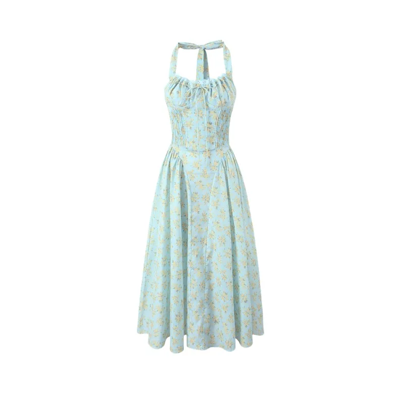 Women Summer  Sleeveless Adabella Soft Blue Vintage Floral Print Cotton Halter Sundress Midi Dress