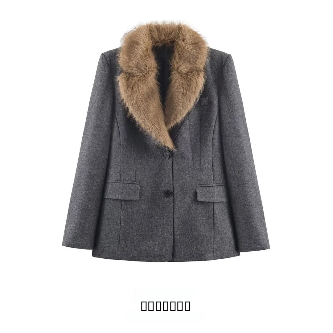 

KASLEAD Women's Slim Fit Faux Fur Effect Suit Jaet Long Sve Button Closure Classic Collar Sli Outerwear Coat