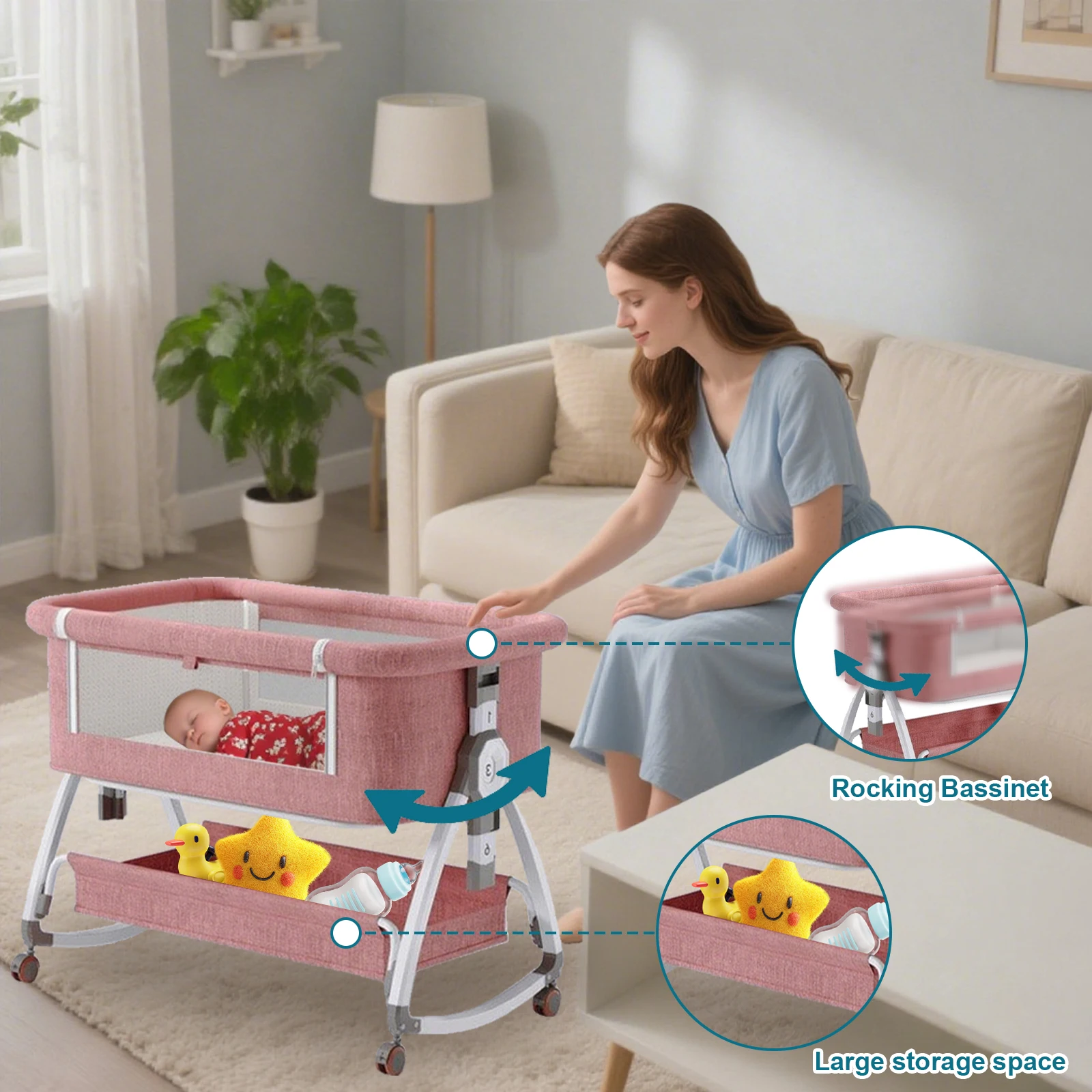 90x55cm Baby Crib Portable Splicing Cradle Bed With Wheels,Mosquito Net Foldable Height Adjustable Movable Bedside Swing Beds