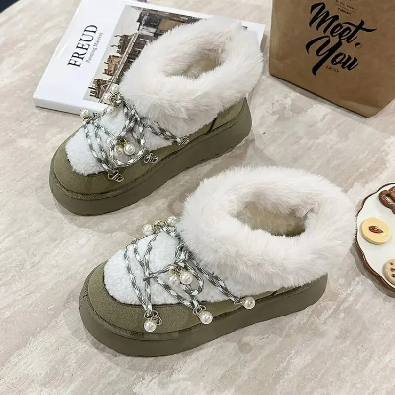 

Hot Selling Cute Warm Ankle Boots Winter Women's Pearl Warmth Plush Cotton Shoes 2025 New Thich Sole Snow Boots Handmade Diamond