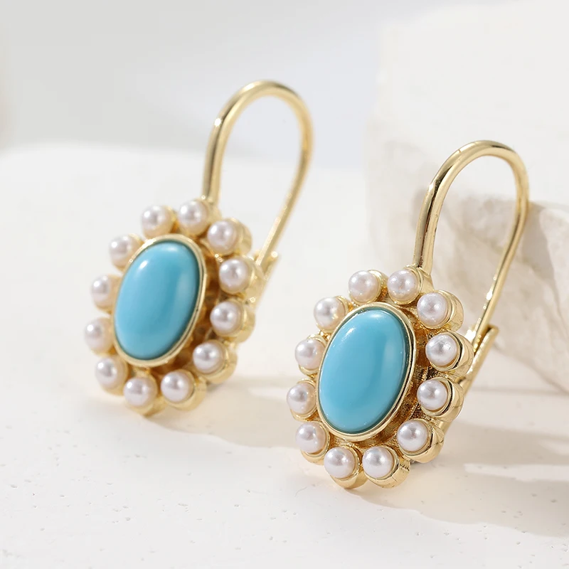 Vintage Court Gold Color Ornate Earrings For Women Creative Flower Shaped Imitation Gemstone Earrings Party Jewelry Gifts