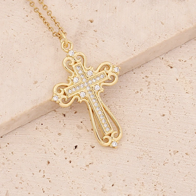 Delicate Luxurious Gold Color Cross Zircon Pendant Necklace For Women 2022 New Fashion Jewelry Gift 18K Gold Plated Copper Alloy