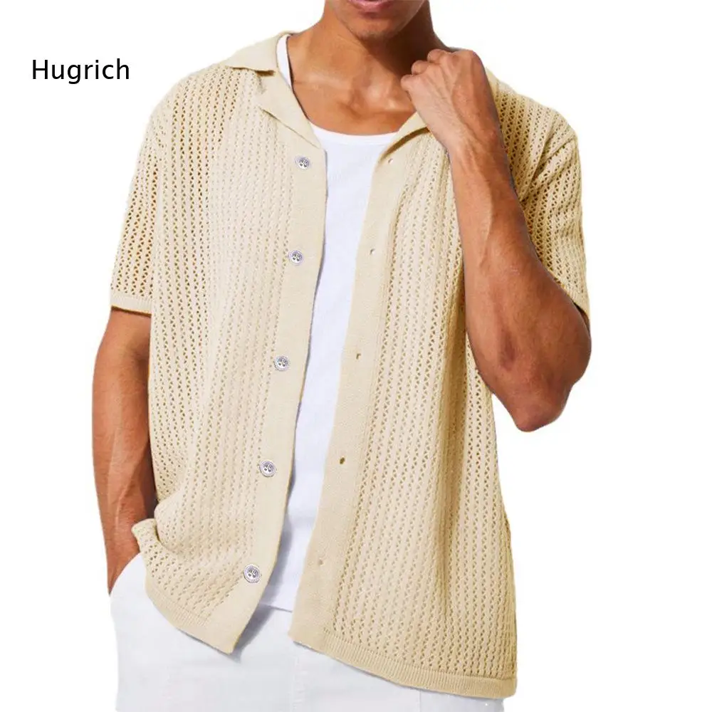 Men Crochet Knit Short Sleeve Shirt Camp Collar Button Down Light Gray Hollow Out Mesh Casual Summer Beach Knitwear Tops