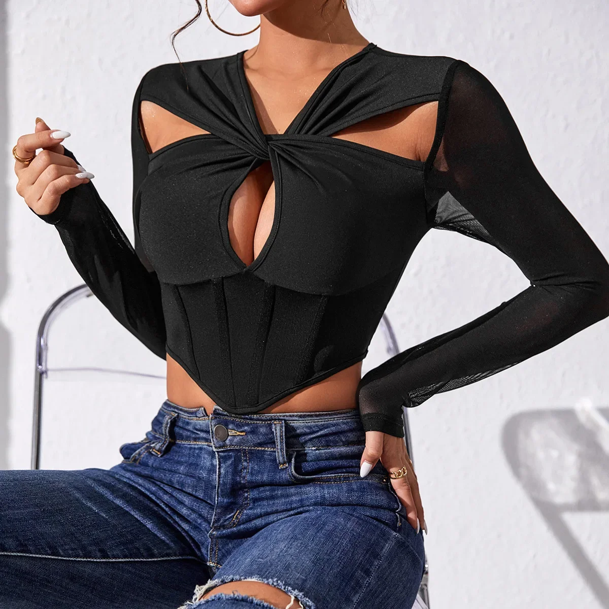 Hot selling spicy girl sexy perspective splicing t-shirt fish bone waist long sleeved top for women aesthetic clothes CYDZ9636