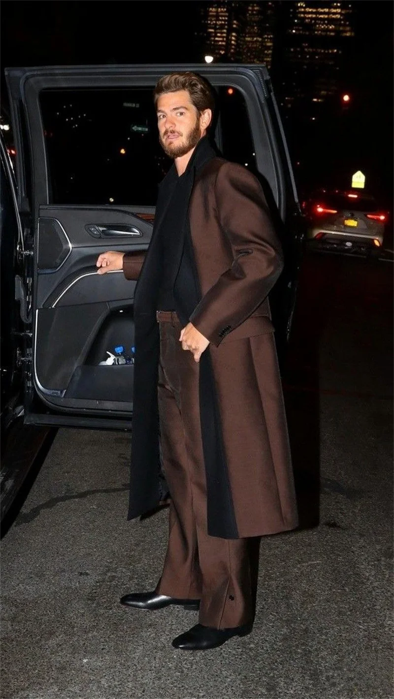 

Brown Black Men Suits Set 2 Pcs Long Blazer+Pants Trousers Wedding Tuxedos Cotton Formal Office Customized Male Jacket Coat