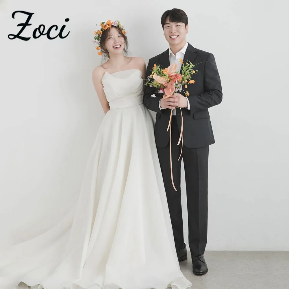 

Zoci Elegant Strapless Korea Wedding Dresses Customized Organza A Line Photos Shoot Bride Dress Floor Length Corset Bridal Gown