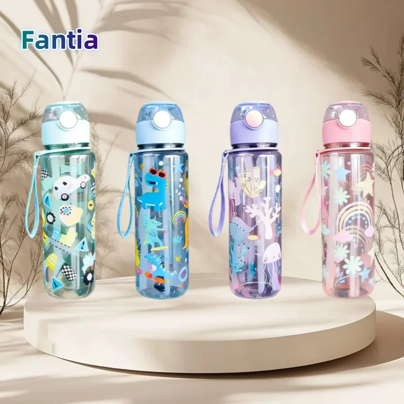 Botella de agua de dinosaurio de 700ml para niños, taza para sorber de agua con pajita de silicona, botellas de agua de plástico a prueba de fugas, taza de agua de verano para niños