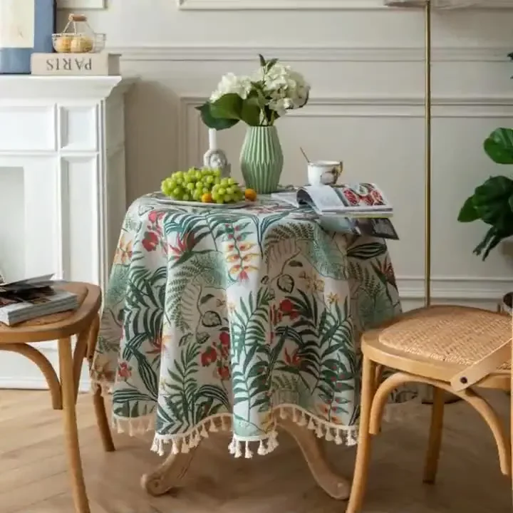 

Dining Table Tablecloth with Green Plant Print European Retro Coffee Table Small Table Fabric Pastoral Style High Quality Gift