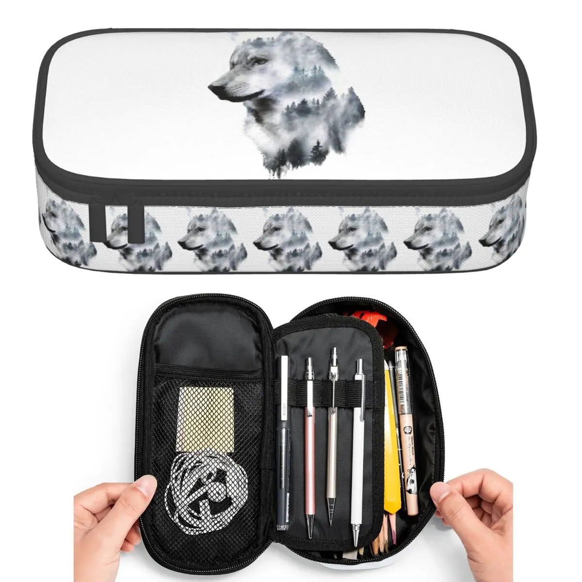 

Wolf In The Wild Misty Watercolor Pencil Cases for Students Pen Box Pencil Bag Big Capacity Pencil Pouch Pen Holder