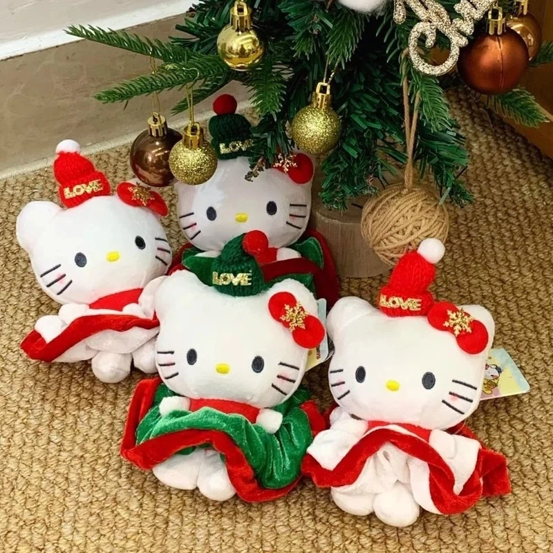 Porte-clés en peluche chaton mignon, rouge vert, Style de noël, poupée en peluche, sac à dos, chaîne suspendue, décoration d'ambiance de noël, cadeau