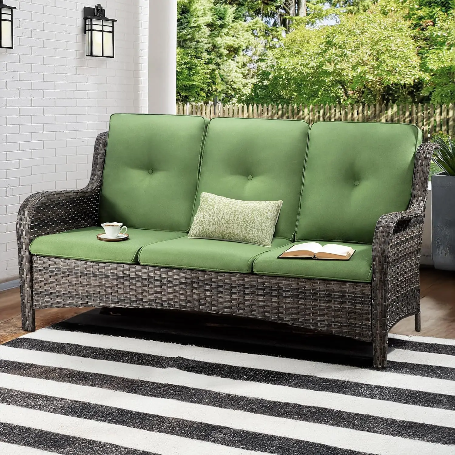 

Outdoor Patio Couch Wicker Sofa - 3 Seater Rattan Sofa for Outside Patio Garden with Deep Seating and Olefin Cushions(Mixed Grey