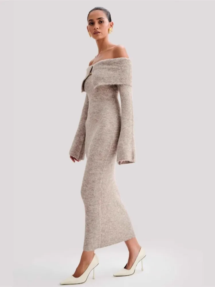 

Elegant Dress Temperament Vestido Commuting French Simple Style Bodycon package Hip Lapel One Line Neck Knitted Sexy Vestidos