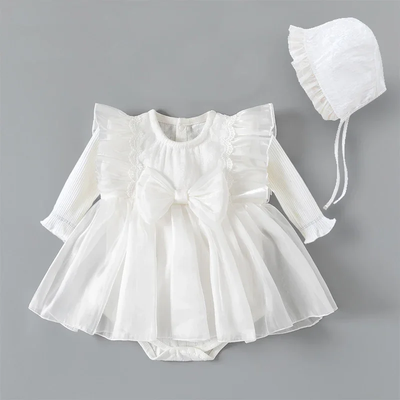 2026 New Spring Newborn Baby Girls Bodysuits+Hat Long Sleeved Cotton Splicing Infant Baby Girls Jumpsuit 0-24M Baby Clothing