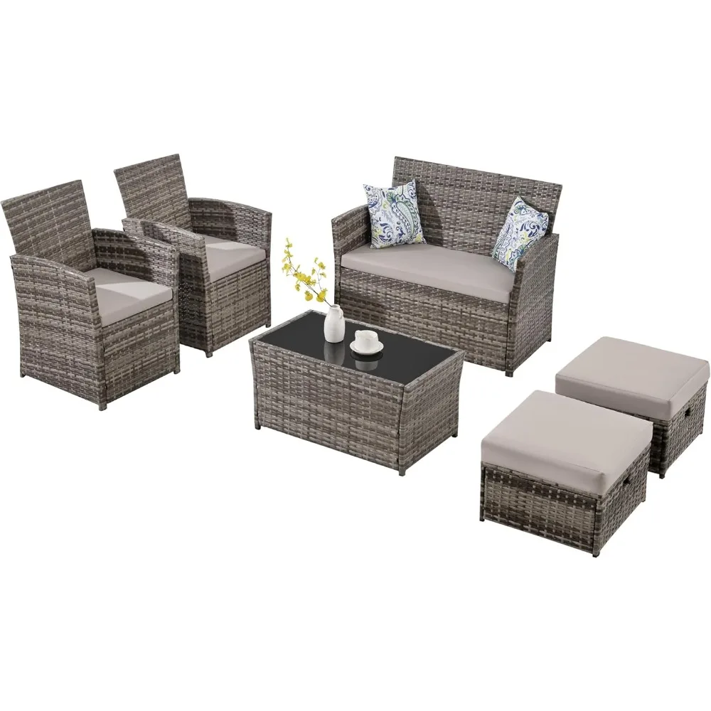 

6 Pieces Outdoor Patio Furniture Set, Wicker Sectional Sofa Patio Conversation Set Couch with Ottomans Rattan Chair and Table