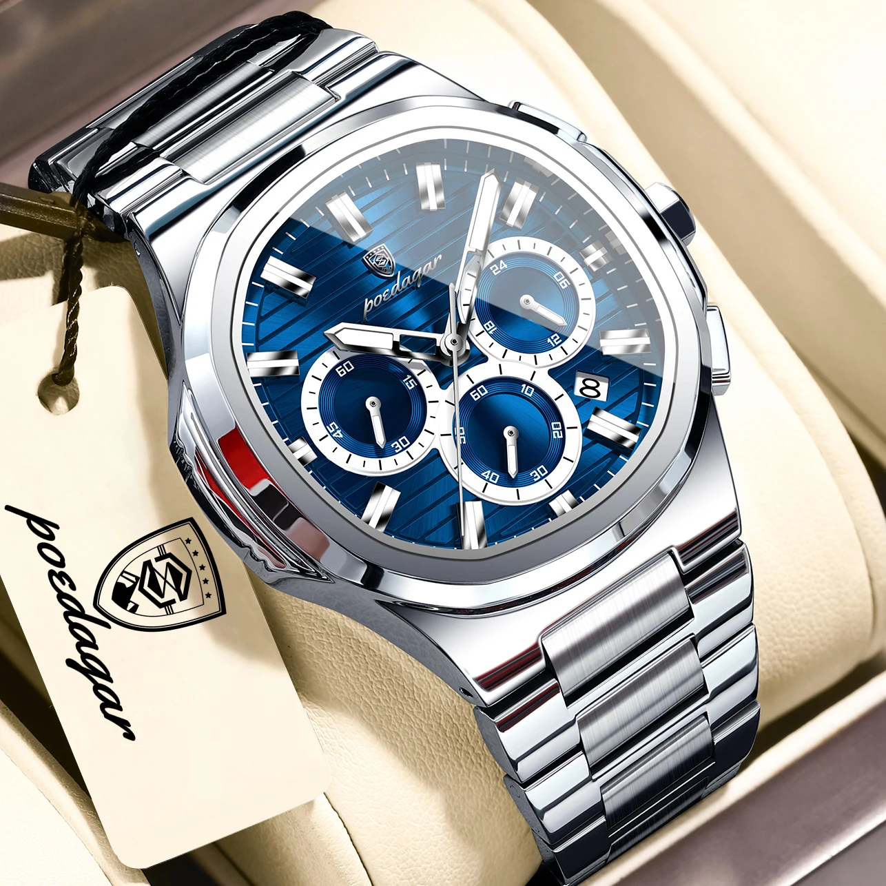 POEDAGAR Casual Herren-Armbanduhr Leuchtend Wasserdicht Edelstahl Herrenuhr mit Datum Chronograph Geschäftsgeschenk Herren-Quarzuhren