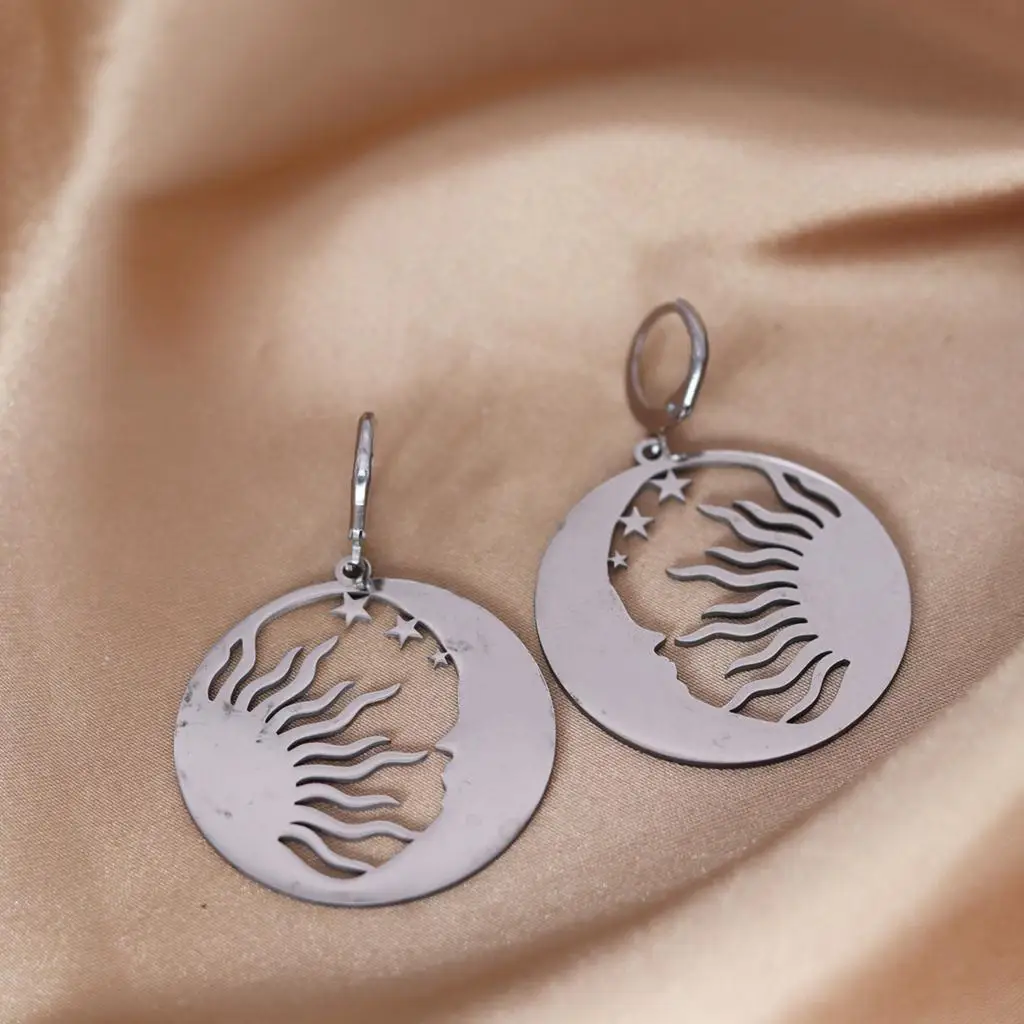 Stainless Steel Silver Sun Moon Earrings For Women Summer Jewelry Boho Hoop Earrings Gift