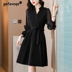 Women Elegant Ruffle Lace Up V Neck Slim Black Office Lady Party Dresses New Fashion Sexy Sheer Mesh Long Sleeve Chic Midi Dress