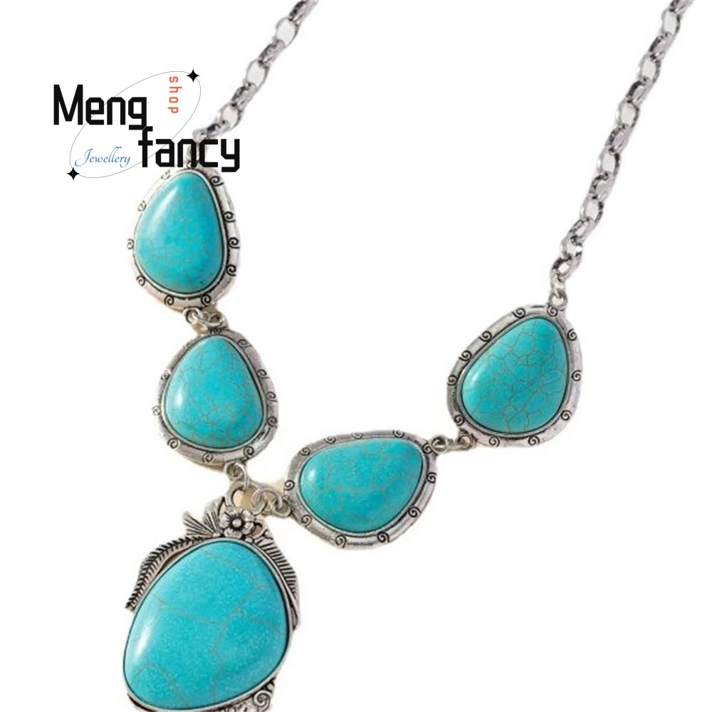 Natural Retro Necklace Western Style Exaggerated Turquoise Thai Silver High-grade Fashion Fine Jewelry Best Selling Holiday Gift