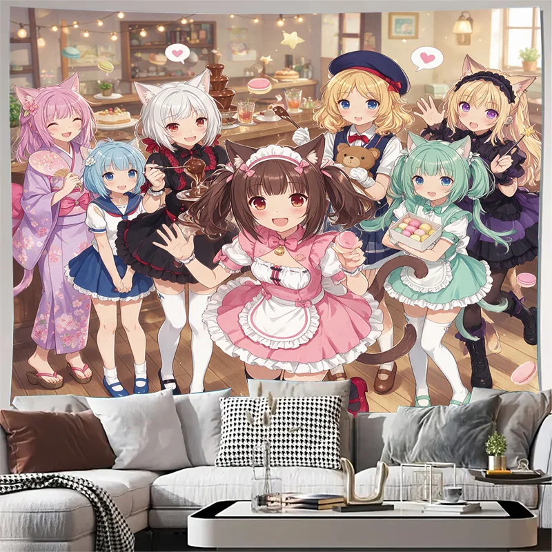 Kawaii Anime Aesthetic Curtain Panel Decoration Cartoon Illustration Window Drape Fabric Print for Bedroom Home Decor Pop Art