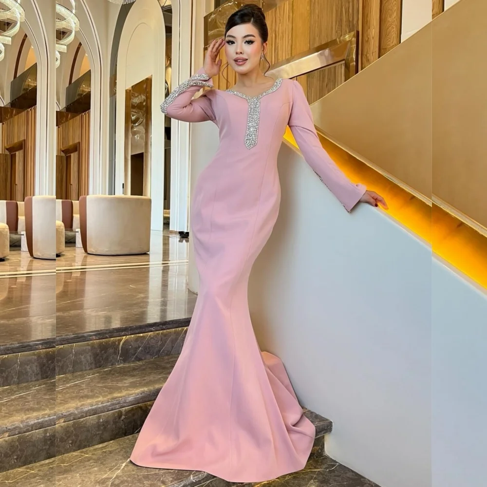 Customized Intricate Matching Jersey Sequined Trumpet V-neck Long Dresses Bespoke Occasion Intricate Formal