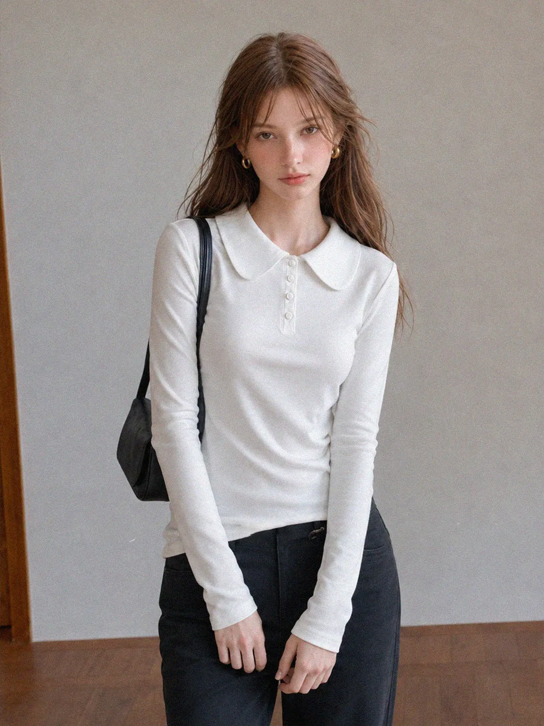 White Doll Collar Long Sleeve  Shirt Women's Slim Fit Autumn High Know Small Capital Suitable for Single Wear Korean Styl...