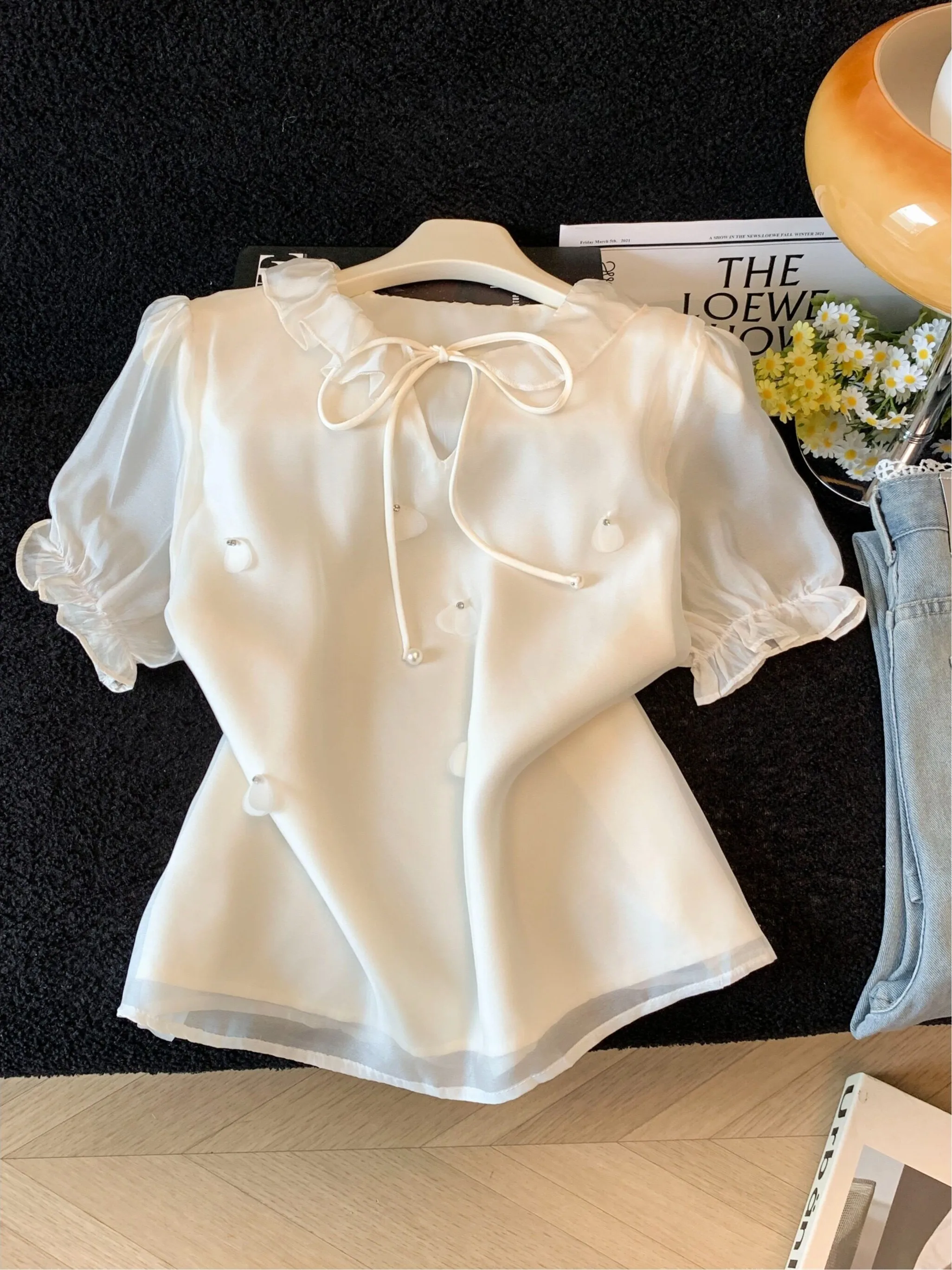

French Style Bubble Sleeve Blouse Women's Summer New Sweet Anti-Aging Beautiful Small Shirt Lace Tie Waist Design