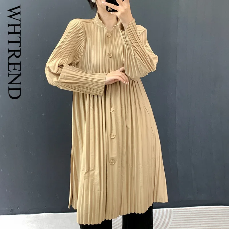 

WHTREND плиссированная куртка, пальто для женщин, с длинными рукавами и пуговицами, однотонные свободные повседневные пальто средней длины, женская модная одежда